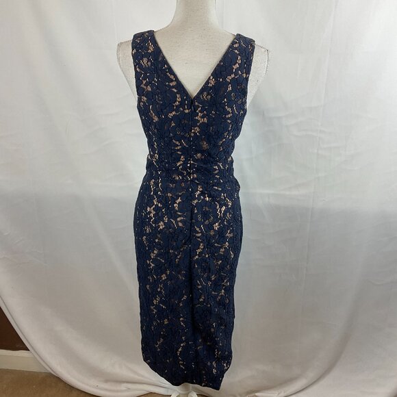 Fame & Partners Dress US 4 Navy Lace Beige Sleeveless Side Cutouts Overlap Skirt - Picture 10 of 15